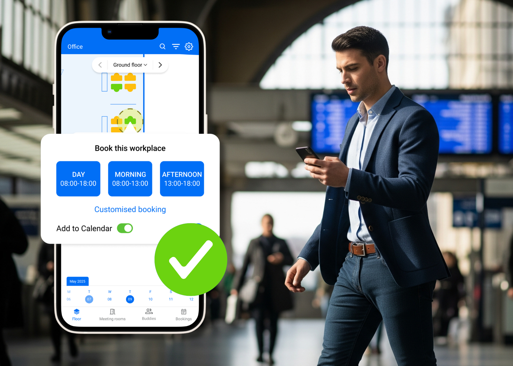 Man booking desk on mobile - EN